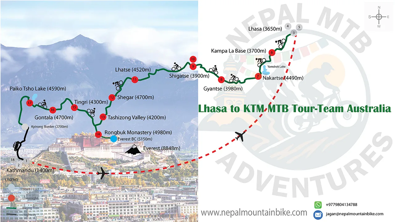 Lhasa to Kathmandu Guided mountain bike and cycling tour map.