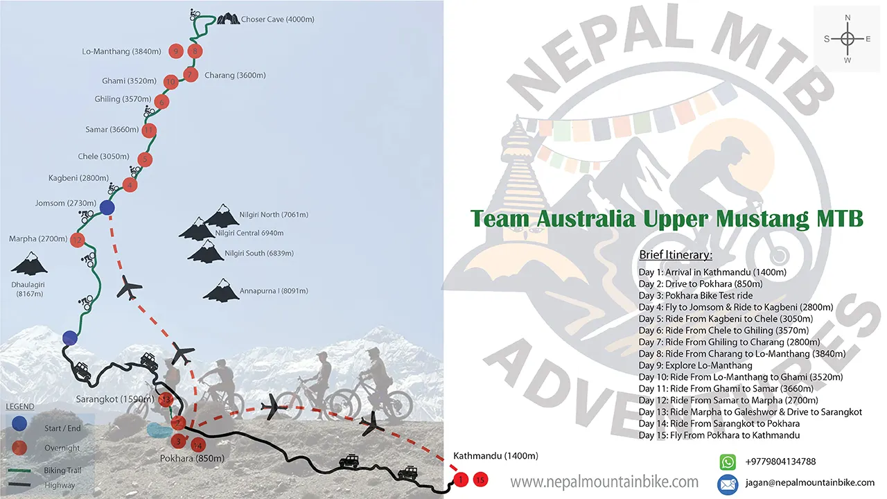 Upper Mustang mountain bike tour route map 2026 - 2027 Nepal.